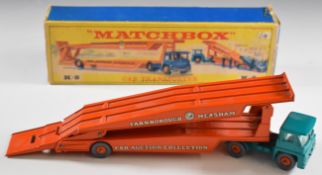 Matchbox Lesney King Size diecast model Car Transporter with green cab, orange trailer, grey tyres