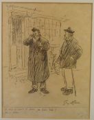 George Belcher (1875-1947) charcoal study of two gentlemen outside a shop, with caption below,