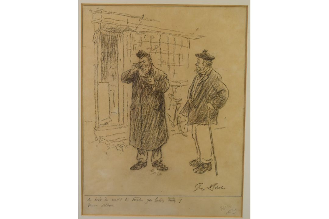George Belcher (1875-1947) charcoal study of two gentlemen outside a shop, with caption below, - Image 1 of 6