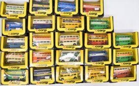 Twenty-three Corgi diecast model buses to include The Busby Bus 477, AEC Renown 480, Suntrekker