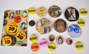 A collection of pin badges, mostly Punk including The Buzzcocks (10), The Jam, Elvis Costello, Billy