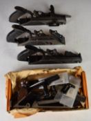 Four Stanley 78 duplex rabbet woodworking planes, one in original box