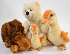 Four Steiff plush toys comprising Duck & Duckling, Moose and Polar Bear, all with original tags