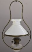 Victorian hanging oil lamp with Hinks No2 burner, H43cm