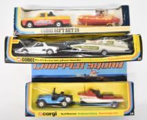 Three Corgi diecast model car and boat gift sets comprising Chopper Squad Surf Rescue 35, Fiat X1/
