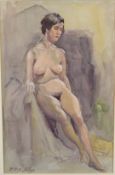 Ellis Silas (1885-1972) watercolour nude lady, signed lower left, 35 x 22cm, in part gilt frame