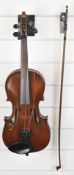 Late 19thC violin stamped 'Paganini' to the two piece 36cm back, with bow and hard case