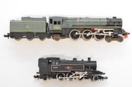Two Hornby Minitrix N gauge model railway locomotives Britannia 7000 and 2-6-2 tank.