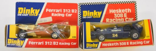 Two Dinky Toys diecast model racing cars comprising Hesketh 308E 222 and Ferrari 312/B2 226, both in