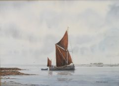 Alan Whitehead (born 1952) watercolour sailing boat in a calm estuary, signed lower right, 23 x