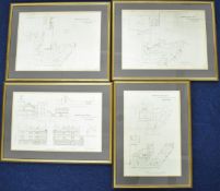 Four Victorian framed plans for a new hotel near the Midland Railway station in Gloucester, each