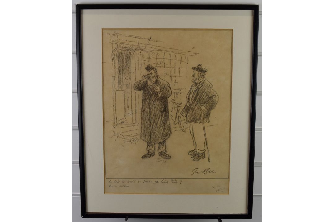 George Belcher (1875-1947) charcoal study of two gentlemen outside a shop, with caption below, - Image 2 of 6