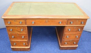 19thC leather inset twin pedestal desk fitted nine drawers, W120 x D58 x H71cm