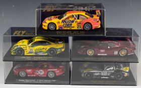 Five Fly Car Model model slot racing cars to include BMW M3 GTR, Porsche 911 GT1 98 and Lister