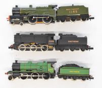 Three kit built with Graham Farish SR N gauge model railway locomotives.