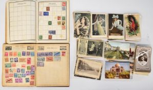 Two stamp albums and a collection of postcards including all world topographical, humorous, stars of