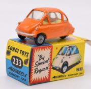 Corgi Toys diecast model Heinkel Economy Car with orange body and lemon interior, 233, in original