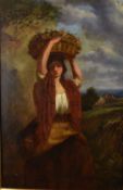 19thC oil on canvas portrait of a lady carrying a basket of flowers on her head, with cottage in