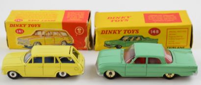 Two Dinky Toys diecast model vehicles Vauxhall Victor Estate Car with lemon body and blue interior
