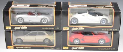 Four Maisto 1:18 scale diecast model cars comprising Jaguar S-Type, Ford GT90, Porsche Boxster and