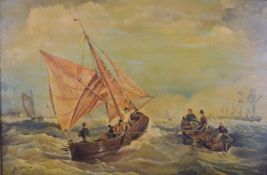 Oil on canvas seascape with small sailing boats negotiating a choppy sea with larger ships beyond,