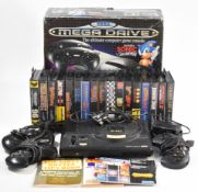 Sega Mega Drive games console with 3 controllers, power supply and 17 games to include Sonic The