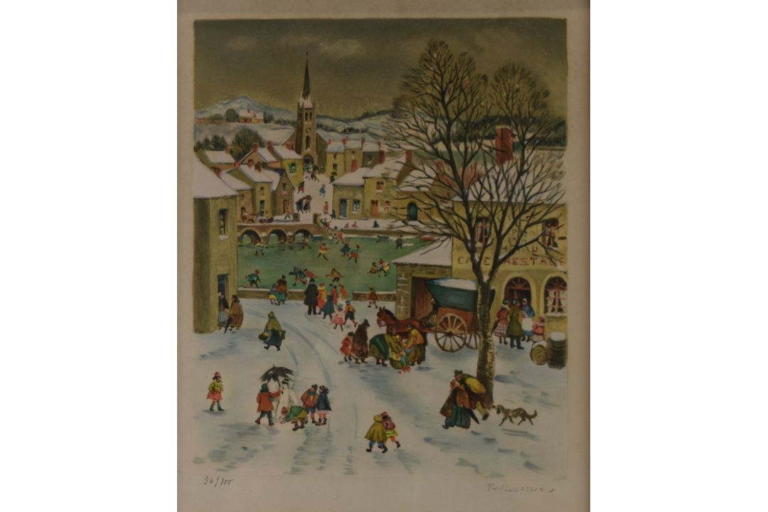 Paul Lemasson (1897-1971) signed limited edition (96/300) print winter townscape with skaters on the - Image 1 of 4