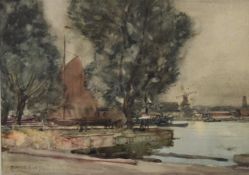 Sir Alfred East RA RBA (1844-1913) watercolour 'A Canal in Holland', with windmill beyond, signed