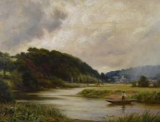 Sir Alfred East RA RBA (1844-1913) oil on canvas river landscape, with figure on a punt in the