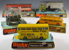 Five Dinky Toys diecast model vehicles Single Decker Bus 283, Swiss PTT Bus 293, Atlantean Bus