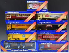 Nine Corgi Superhaulers 1:64 scale diecast model lorries to include Volvo Curtainside Marmite,
