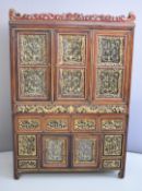 Chinese carved and gilded fitted cabinet with fretwork and carved decoration, W122 x D42 x H176cm