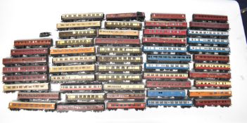 Fifty 00 gauge Hornby/Tri-ang passenger carriages to include LNER, BR and DSG.