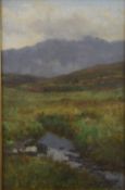John Howard Lyon (1870-1921) oil on canvas moorland landscape with stream to the foreground,