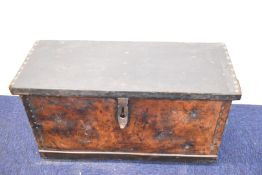 18th/19thC leather bound wooden coachman's trunk or chest with fitted interior to house two