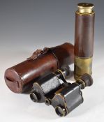 A pair of WW1 era military binoculars and a brown leather cased telescope by J H Steward, London