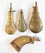 Four various powder flasks including G Roe with embossed game decoration, US Civil War style, curved