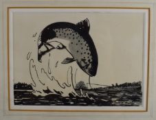 Bernard Venables (1907-2001) pen and ink study of a fish jumping with fishermen beyond, signed lower