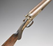 English 12 bore side by side hammer action shotgun with engraved locks, hammers, trigger guard,