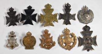 Ten British Army Infantry County of London cap badges including, 25th Cyclists, XIX St Pancras,