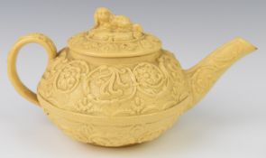 Wedgwood Drabware teapot with spaniel dog finial, length 18cm