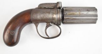 English 140 bore six-shot bar hammer action pepperbox revolver with engraved lock and hammer, wooden
