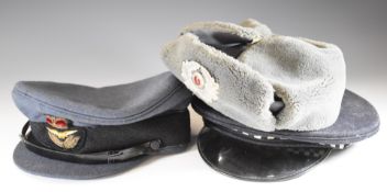 RAF officer's hat by Bates of London, Russian military cold weather hat and a police peaked cap with