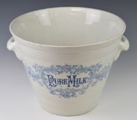 Edwardian ironstone twin handled blue and white advertising 'Pure Milk' pail with scrolling