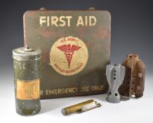 US Army First Aid box with contents, RAOC thermometer in container dated 1976, two mortar bomb