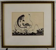 Bernard Venables (1907-2001) pen and ink study of a fish jumping with fishermen beyond, signed lower