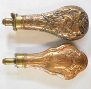 Two G&JW Hawksley copper and brass powder flasks, both with embossed decoration, largest 20.5cm