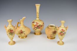 Five Royal Worcester blush ivory vases and ewers, tallest 23cm