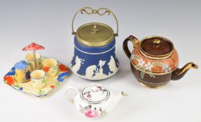 Wedgwood bachelor's teapot in the style of Louise Wood, Sadler teapot, Jasperware biscuit barrel and