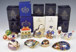 Ten Royal Crown Derby Imari paperweights in boxes, including Bulldog, Teddy Schoolboy, Bakewell Duck